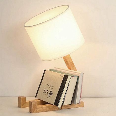 Creative Robot Desk Lamp, Adjustable Can Put Books Wood Bedside Lamp with Fabric Lamp Shade E27 Screw For Kids Bedroom Study Living Room Decorative Lighting (1/5)