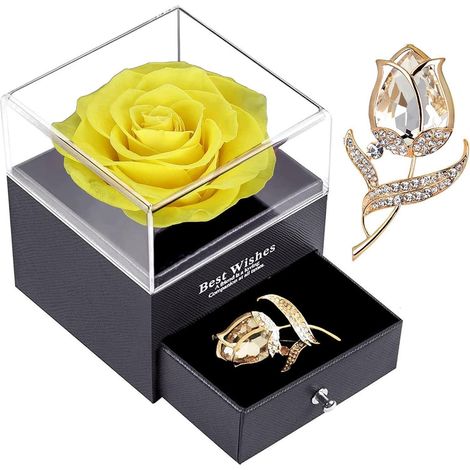 Ewige gelbe Rose in Geschenkbox mit Brosche für sie Valentinstag Muttertag (1/5)