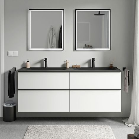 Badmöbel Unterschrank Bernstein LAVOA 160cm mit Mineralguss Waschbecken CREAM Badmöbel: Weiß matt, Metallgriff: Anthrazit matt, Waschbecken: Schwarz matt mit Hahnloch