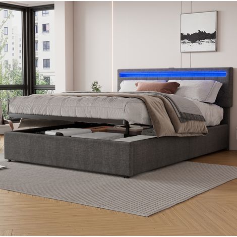Cama con almacenamiento tapizada en lino gris 160x200 cm, con LED, USB-C y somier de láminas (1/5)