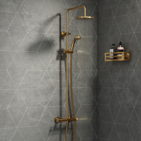 Brushed Brass Round Thermostatic Shower Set (1/3)
