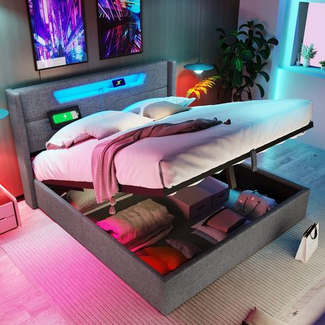 Lit coffre 160x200 avec sommier relevable, Lit double capitonné en tissu lin gris avec éclairage LED, port USB et Type-C (1/5)