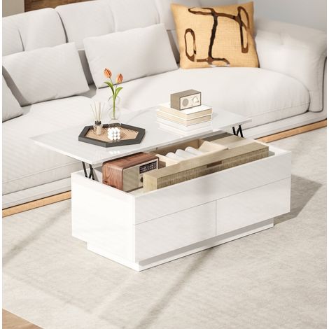 Tavolino alzabile 102x48x54,5 cm bianco lucido con vano e 2 cassetti MEUBLIV (1/5)