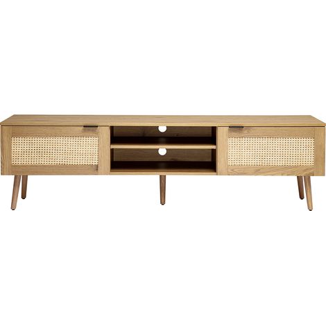 Mueble TV acabado en madera clara, rejilla de ratán y metal negro 2 puertas L180 cm MANILLE (1/5)