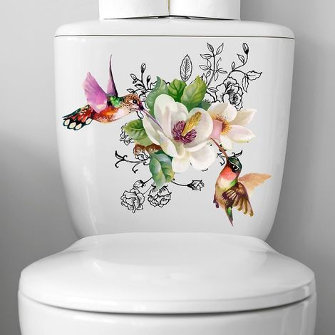 Autocollants pour abattant de toilettes, motif floral, oiseaux, papillons, autocollants de salle de bain, autocollants amovibles et imperméables pour décoration de salle de bain (1/5)