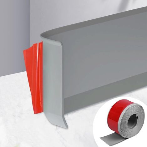 Flexible, selbstklebende Sockelleiste, weich, 5 m x 8 cm, PVC, feuchtigkeitsbeständige Eckleiste, gerillte Wandsockelleiste, wasserdicht, für Wände und Böden (Grau). (1/5)