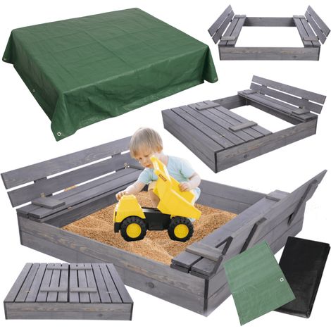 MODO24 Bac à sable en bois de jardin 120x117 cm, couvercle 2-en-1, bancs dossier, agrofibre incluse, avec bâche 2x2 m, gris imprégné