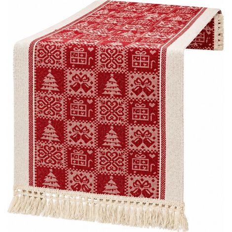 Chemin de table de Noël rouge, en lin et coton imperméable, nappe longue 35 x 240 cm pour meuble TV ou table basse - Coffret cadeau rouge (1/5)