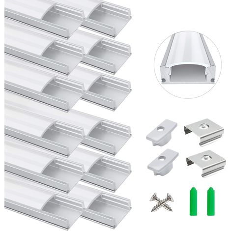 Lot de 12 profilés LED en aluminium de 1 m en forme de U, profil LED avec couvercle blanc laiteux. Canaux LED et diffuseurs LED avec embouts, clips de montage et connecteurs d'angle (forme de U) (1/5)
