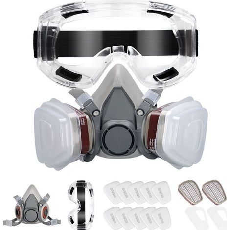Masque de Protection avec 10 Filtre , Anti Poussière et Gaz, avec Lunettes, Respiratoire Réutilisable pour Peinture, Ponçage, Pulvérisation, Ensemble Complet avec Filtres de Rechange