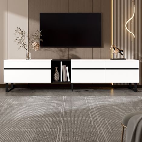 Meuble bas TV blanc 180 cm avec trappe rabattable niches et double porte design minimaliste buffet multifonction grand rangement salon (1/4)