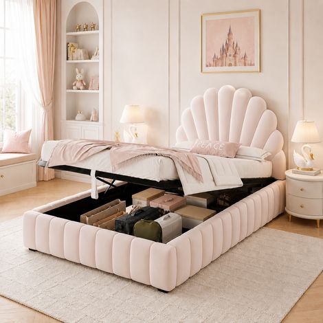 Cama tapizada, cama individual, cama infantil 90 x 200 cm, cama funcional hidráulica, cama con somier, cabecera y gran espacio de almacenamiento, cabecera tapizada en forma de flor, terciopelo, rosa