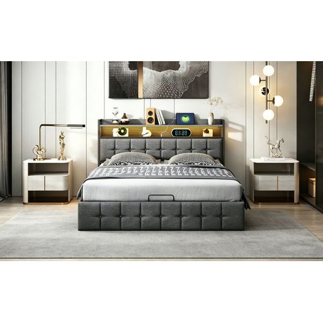 Bett mit Stauraum 140×190 cm, Doppelbett mit LED-Beleuchtung und Steckdose, gepolstertes Doppelbett mit hydraulischem Stauraum – schwarzes Leder und graues Jutegewebe
