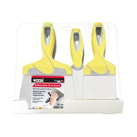 Lot de 3 couteaux de peintre acier avec poignée bi-matière : 4, 10 & 16 cm - OCAI