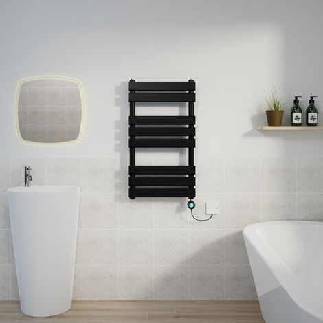 Flat Electric Towel Rail Thermostatic Timer Black 800x450mm (1/5)