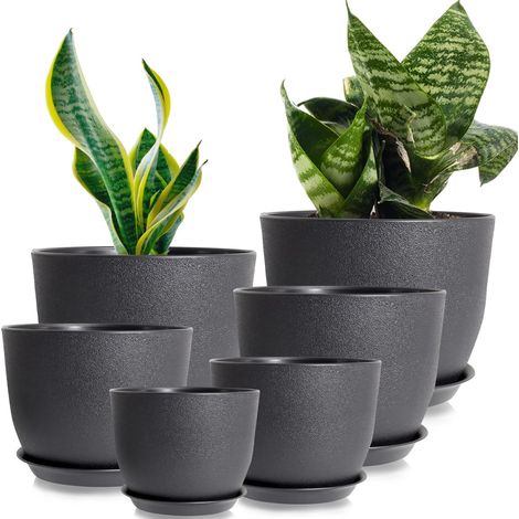 Lot de 6 pots de fleurs avec soucoupe - 25/23/20/18/16/13 cm - Avec trous de drainage et plateaux - Idéal pour l'intérieur et les jardins de balcon - Noir (1/5)