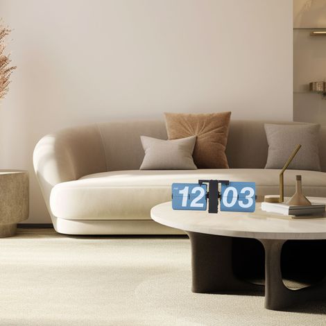 Horloge à affichage automatique minimaliste et créative, objet de décoration rétro pour le bureau ou le salon, grande horloge mécanique numérique à feuilles bleues, cadre noir 12 heures. (1/5)