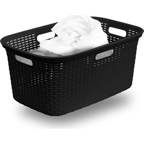 Panier à linge en rotin avec 4 poignées 40 L Noir, ensemble de boîtes à linge, seau à linge, conteneur à linge pour salle de bain, linge