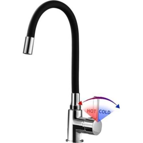 FENOPLASTICARobinet de cuisine, mitigeur eau chaude/eau froide à poignée unique, mitigeur de cuisine flexible rotatif à 360°, chromé, noir. (1/4)