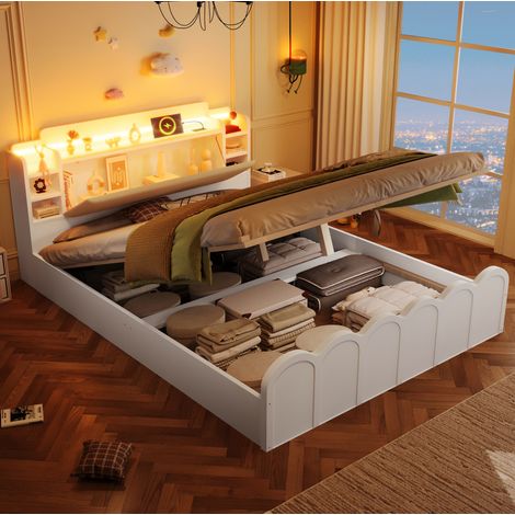 Letto 140x200 cm bianco in legno ingegnerizzato con vano idraulico, LED e porte USB-C (1/5)
