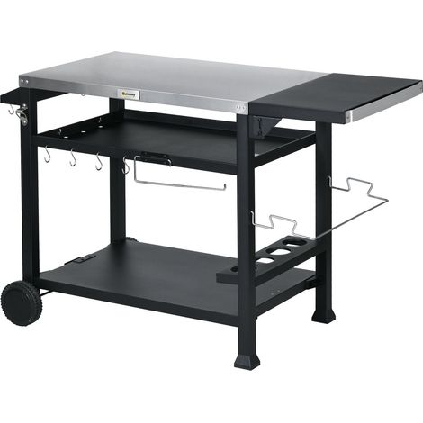 Grillwagen Grilltisch mit klappbarem Beistelltisch 3 Etagen 6 Haken Rollen Weinregal Tischplatte für Garten & Terrasse