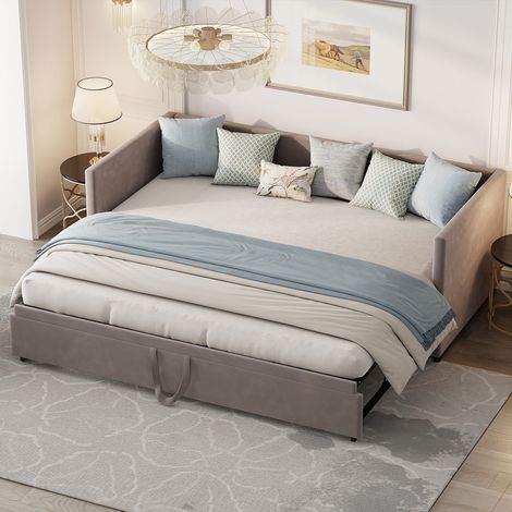 Sureh – Canapé convertible 2 places 90/180x200cm – Lit gigogne avec sommier à lattes – Tissu velours – Idéal pour petits espaces – Gris (1/5)