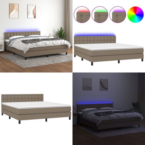 Cama box spring colchón y luces LED tela gris taupe 180x200 cm - Colchón con luces LED - Cama con luz LED