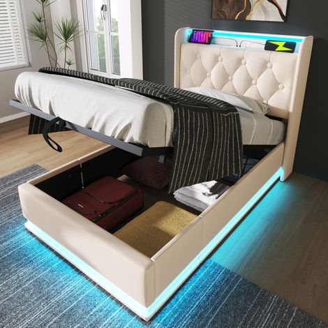 Lit simple 90x200 cm en PU blanc avec LED 360°, contrôle bouton/App/télécommande, coffre hydraulique et port USB Type-C (Avec matelas) (1/5)