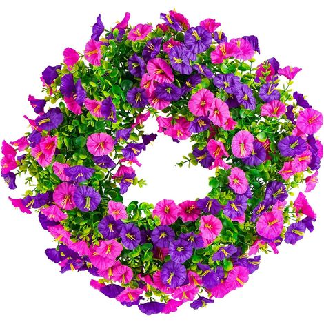 Grande couronne de porte d'entrée printemps/été de 42 cm, composée de fleurs artificielles en soie avec des feuilles d'eucalyptus vertes, parfaite pour la décoration murale extérieure rurale et les ma (1/5)