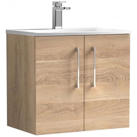 Nuie Arno Wall Hung 2-Door Vanity Unit with Basin-4 600mm Wide - Bleached Oak (1/4)