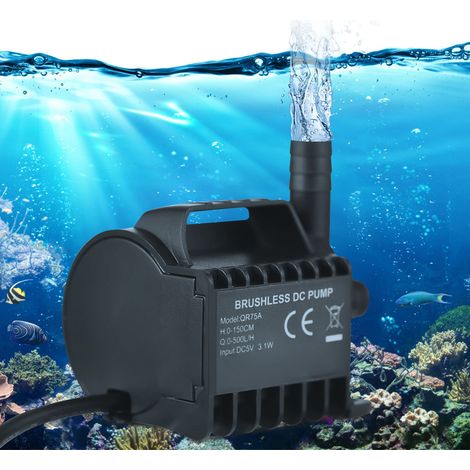 Minibomba sumergible QR70A/QR75A USB 500 l/h 1,5 m, ABS negro, con base de ventosa para acuario, fuente y circulación. (1/5)