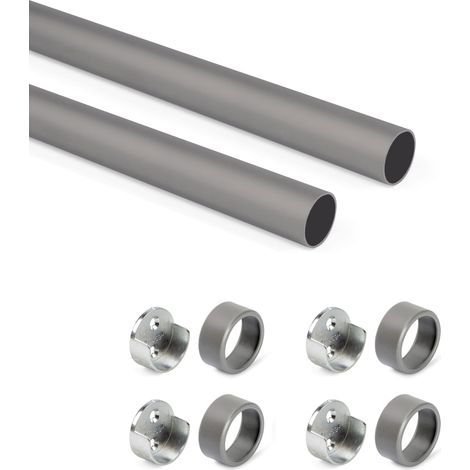 Emuca 7070752 Lot de 2 rails ronds pour armoires D.28mm longueur 0.75m avec supports, Aluminium et Zamak, Titane