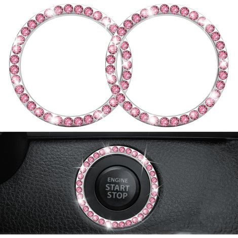 Lot de 2 anneaux de bouton de démarrage et d'arrêt de voiture - Décoration universelle - Strass en cristal - Pour démarreur de voiture - Autocollant à paillettes - Pour intérieur de voiture - Rose (1/5)