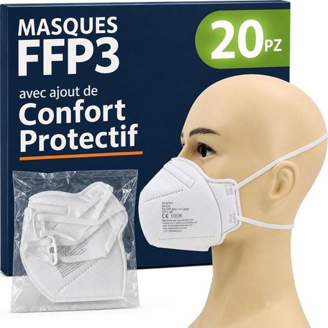 20 Masque FFP3 Certifiés CE, Masque 5 Couches Sans Valve, Masques de Protection Adulte contre les Poussières et les Particules, Masques de Protection Respiratoire Filtrant BFE≥99, 20 Pièces (1/5)