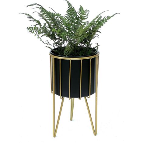 DanDiBo Blumenhocker mit Topf Metall Gold Schwarz Rund M 40 cm Blumenständer 96039 Blumensäule Modern Pflanzenständer Pflanzenhocker