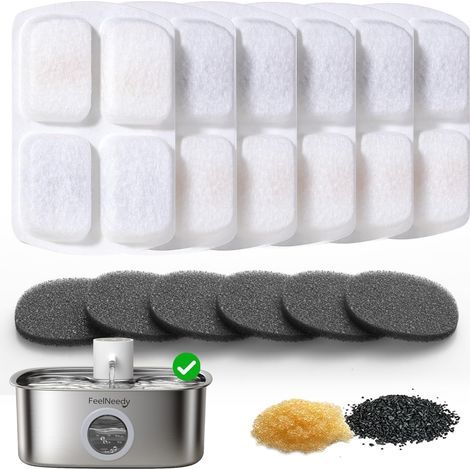 6 Packs Filtre, 4 Couches, 6 Éponge, Acier Inoxydable, Fontaine Chat (1/5)