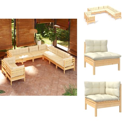 9-tlg. Garten-Lounge-Set mit Creme Kissen Massivholz Kiefer - Gartensessel - Lounge Set - Gartenmöbel - Outdoor Möbel - Rattan Sessel (1/5)