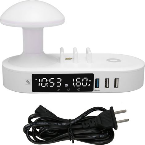 Lampe de chevet avec horloge et chargeur sans fil, 6 ports USB, contrôle tactile, prise US 100-240V, pour chambre et bureau. (1/5)