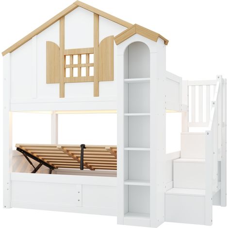 Litera infantil 90x200 + 90x200 de madera y MDF con LED y escalera con almacenaje, blanca (1/5)