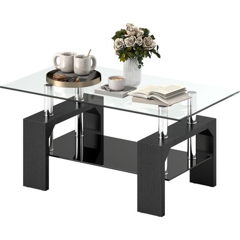 HOMCOM Tavolino da Salotto Moderno in Vetro e Legno a 2 Livelli Nero (1/5)