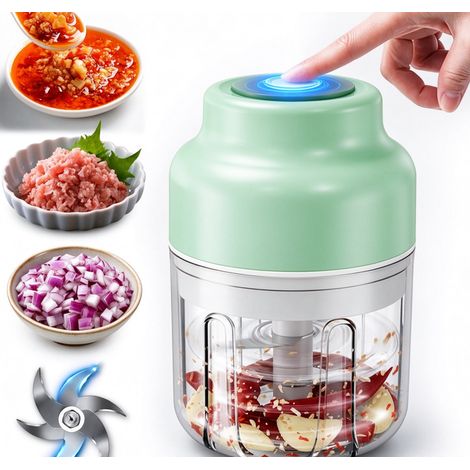 Hachoir électrique, mini hachoir à ail 320 ml, robot culinaire portable rechargeable avec 6 lames en acier inoxydable, pour légumes, fruits, viande, aliments pour bébés et herbes (vert) (1/5)