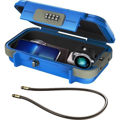 Coffre-Fort Portable, Coffre Fort Sécurisé Coffre Fort de Voyage Étanche avec Câble Métallique Amovible, Coffre-Fort à Clés avec Combinaison, Boîte à Cadenas de Stockage de Clés - Bleu (1/5)