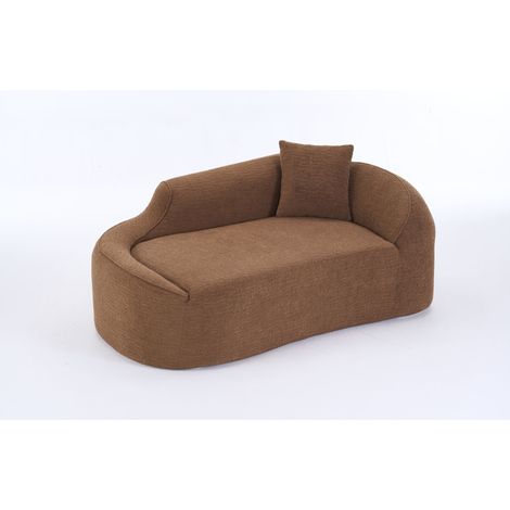 Sofá chaise longue curvo de chenilla color caramelo, 2 plazas, con cojín (1/4)