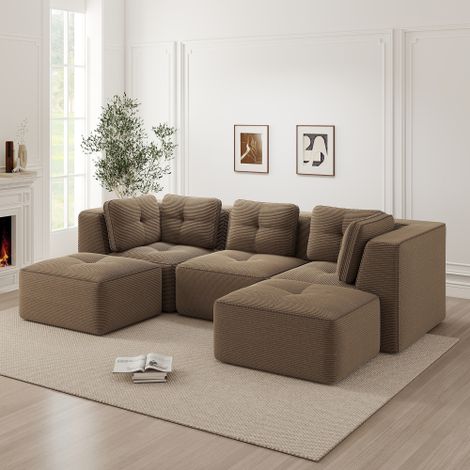 Modulares Wohnzimmersofa ohne Gestell, modulares Sektionssofa mit Ottomane, geeignet für das Wohnzimmer, dreisitziges Cord-Sofa mit tiefer Sitzfläche, keine Montage erforderlich,Braun 
WL
