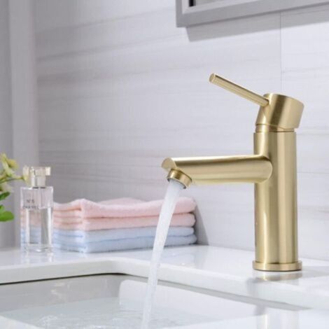 Robinet Lavabo Robinet Salle De Bain, Moderne Design Élégant Laiton Doré Brossé Mitigeur Lavabo, Eau Chaude Et Froide(sans tuyau d'arrivée d'eau)