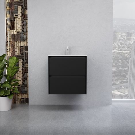 Inda - Badezimmerschrank 2 Schubladen B.60 mit glänzendem Waschbecken / Mattschwarz - Smeraldo