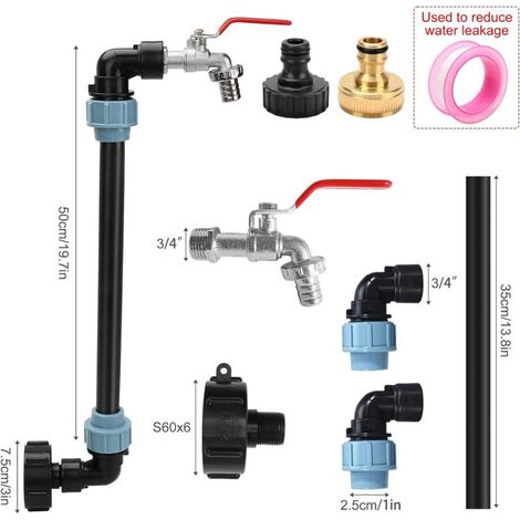 Grifo para tanque IBC de 1000 L, kit de accesorios de 3/4", adaptador para recolección de agua de lluvia con accesorio S60x6 y cinta de sellado, cuello de cisne de latón. (1/4)