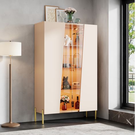 LED-Vitrine 72x40x145 cm aus MDF und Glas, beige, verstellbare Böden – MEUBLIV (1/5)