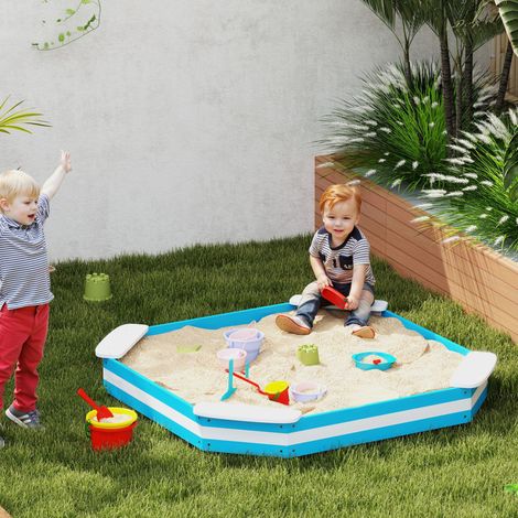 Bac à sable en bois pour enfants avec 4 places assises, motif rayé et fond de protection pour le jardin, 133 x 133 x 16 cm, bleu et blanc