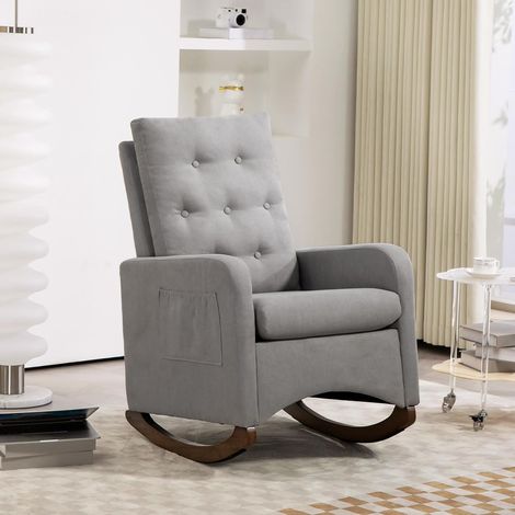 Fauteuil berçant gris clair haut dossier avec poche latérale et pieds en bois, pour chambre de bébé et salon (1/5)